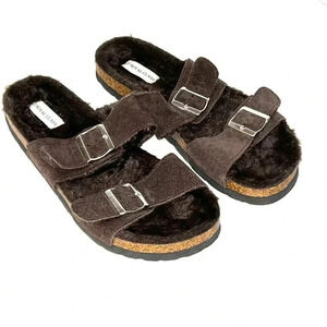 Royal Class Shoes Sz 10 Suede Leather Faux Fur Footbed Sandals Adjustable Brown